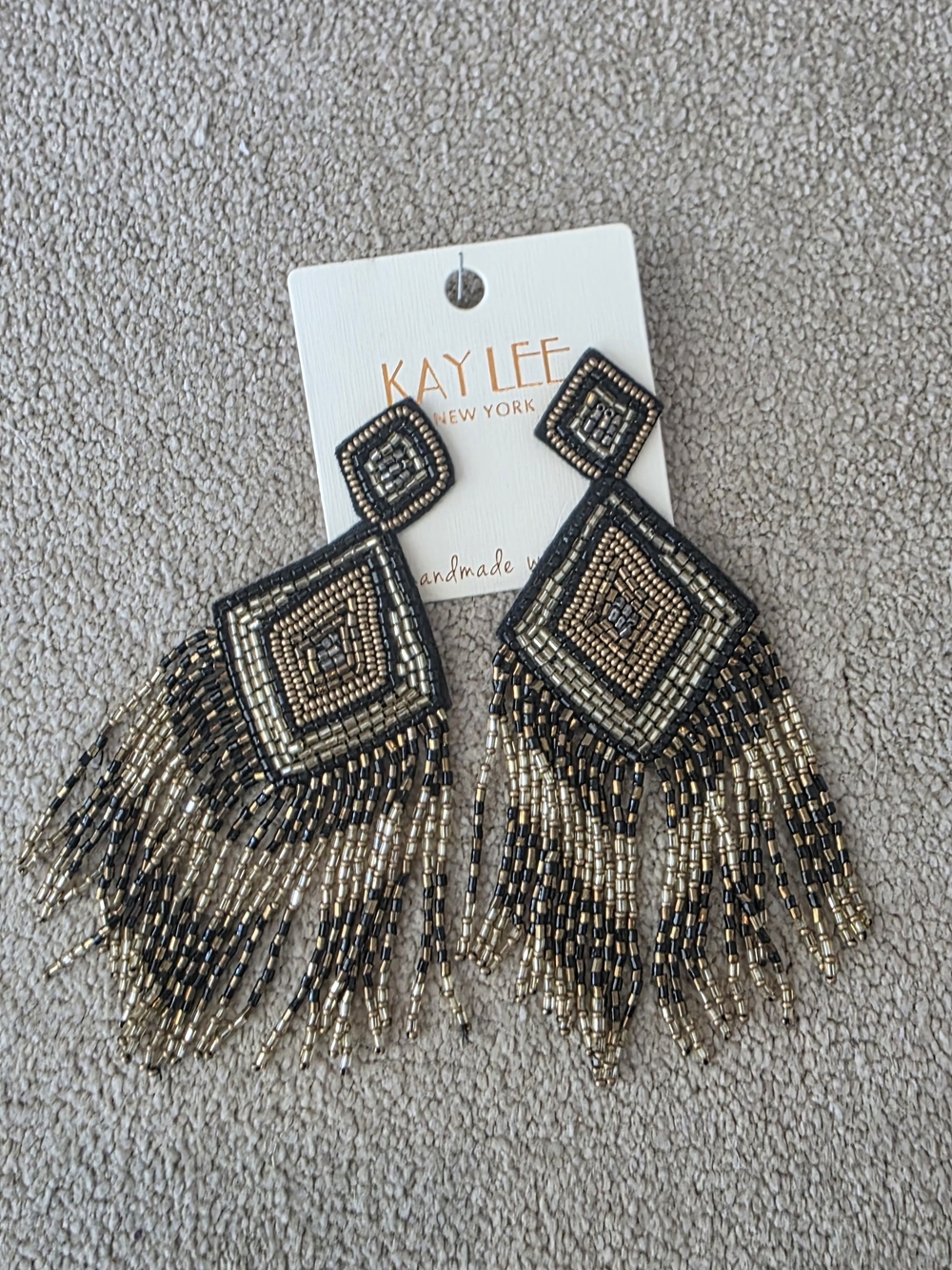 New! Black & Gold Beaded Fringe Earrings